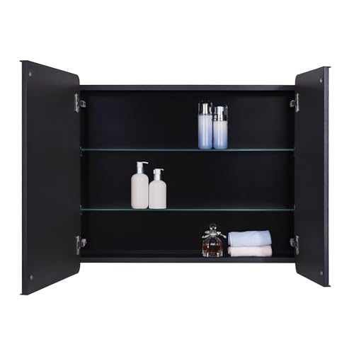 Image of IDYLLOR Black Bathroom Mirror Medicine Cabinet with Round Corner Framed Door 30 x 25.6 inch, Recessed or Surface Mount, with Adjustable Glass Shelves