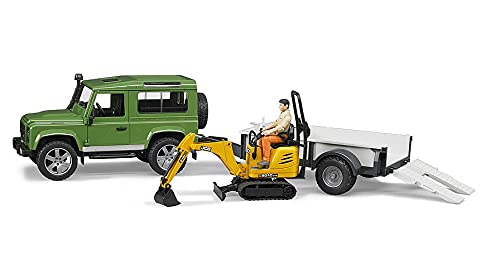 Bruder 2593 Land Rover Defender with One Axle Trailer, JCB Micro Excavator and Worker