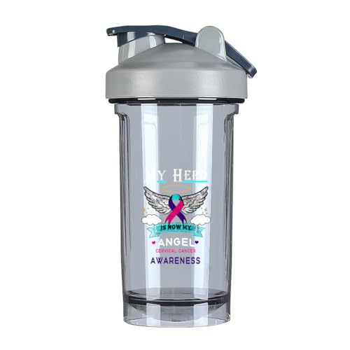 My Hero Is Now My Angel Thyroid Cancer Awareness 18 Ounce Shaker Bottle Drink Mixer Leak-proof Pre Workout Protein Shakes Meal Replacement Shakes Bottles 500ML/18 Oz Gray