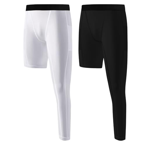 2 Pack Boys Youth One Leg Compression Leggings Pants Full Length Tights Athletic Base Layer for Running Basketball