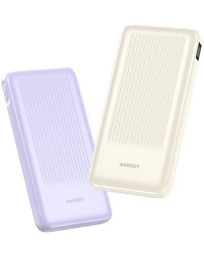 ANSODY Pacote de 2 baterias de 10000 mAh com função de carregamento rápido, mini carregador portátil de 22,5 W, 3 saídas, pacote de bateria com ecrã LED compatível com iPhone e iPad (preto e branco)