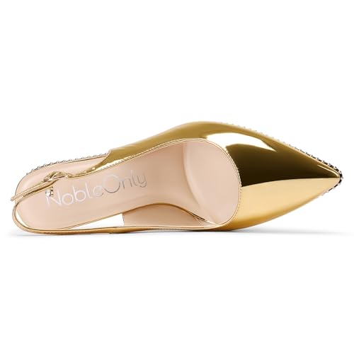 Image of NobleOnly Slingback Beaded Pumps for Women High Stiletto Heel Pointed Toe Slip-on Dress Sandals Adjustable Buckle Rhinestone Patent Leather 3.9 Inches Heels