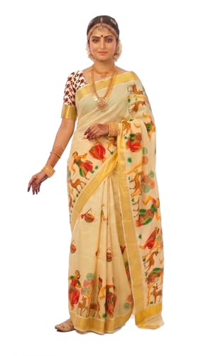 Image of Women's Mural Printed Kerala Gold Tissue Saree with Running Blouse Piece | Traditional South Indian Ethnic Saree for Festivals, Weddings & Special Occasions