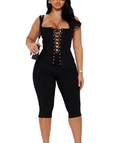 Image of 2 Piece Sets for Women Sexy Ribbed Crop Tops High Waist Bodycon Capri Pants Womens Summer Outfits Clubwear