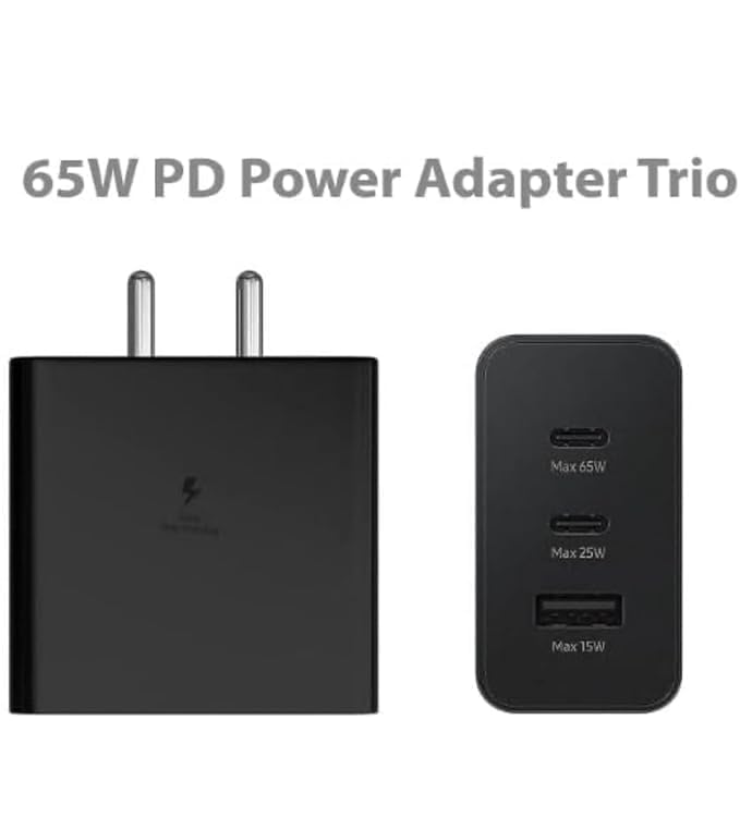 Image of Fast Charging 65W: 3 Port Charger for Samsung Galaxy S23U,S22U, FOLD 5-4-3-2-1, NOTE20U-20, & S-F-N Series - High-Speed, Fast, and Efficient (Adapter)