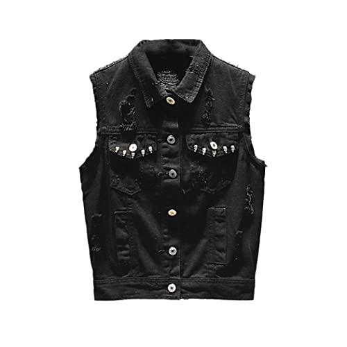 Gilet en jean noir sans manches à rivets : veste décontractée femme tendance