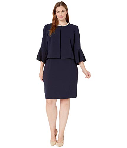 Tahari by ASL Plus Size Ruffle Sleeve Open Jacket Dress Set Navy 18W
