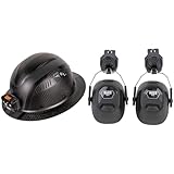 Klein Tools 60514 Hard Hat with Rechargeable Headlamp, K12 Series Carbon Fiber Full Brim and 60502 Earmuffs, Full Brim Hard Hat Attachment, 26dB Noise Protection