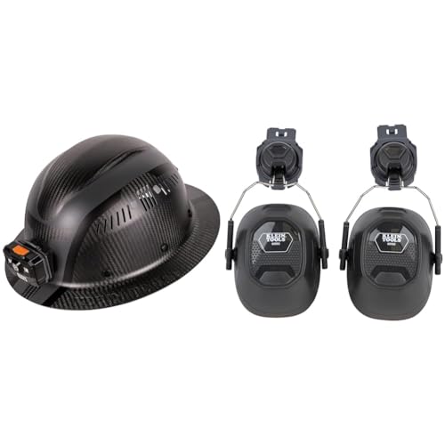 Klein Tools 60514 Hard Hat with Rechargeable Headlamp, K12 Series Carbon Fiber Full Brim and 60502 Earmuffs, Full Brim Hard Hat Attachment, 26dB Noise Protection