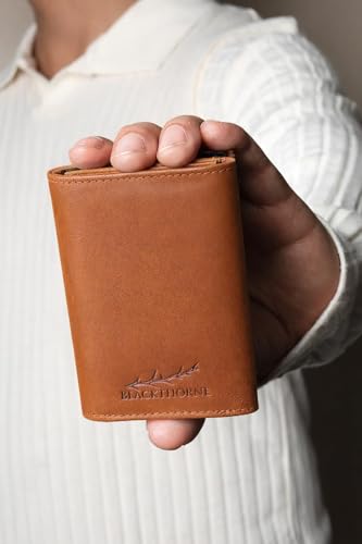 Image of BLACKTHORNE Wallet for Men | RFID Blocking Genuine Leather Pop-Up Card Holder | Slim Minimal Design with Aluminium Case Holds 6-8 Cards, Coin Pocket & Trifold Magnetic Closure (Tan)