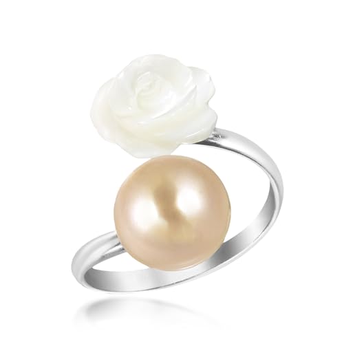 Aeravida Charming White Rose Wrap Cultured Freshwater Pink Pearl .925 Sterling Silver Ring | Cute Wedding Rings For Women | Casual Comfort Fit Silver Rings for Women | Sterling Silver Rings | Valentines
