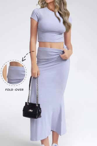 Image of CHYRII Womens Two Piece Sets Short Sleeve Crewneck Cropped Top Bodycon Fold Over Maxi Skirt Maxi Dress Outfit