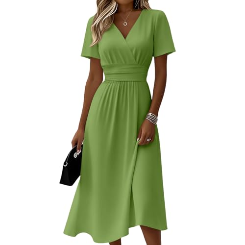 Vestido Mujer Verano 2026   Vestido Corto Vuelo V Cuello Ladies, Elegante y Cómodo para Playa, Fiesta o Diario   Ropa Mujer Verano en Colores Sólidos(1 Verde,M)