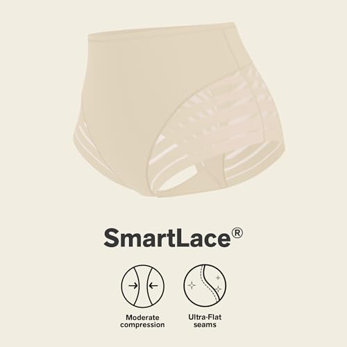 Image of Leonisa High Waisted Invisible Tummy Control Shapewear for Women - Stripe Lace Ladies Underwear Panties