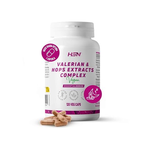HSN Extracto de Valeriana y Lúpulo Complex | 120 Cápsulas Vegetales | Raíz de Valeriana officinalis (0,8% ácido valeriánico) + Flor de Humulus lupulus (2,5% flavona) | No-GMO, Vegano, Sin Gluten