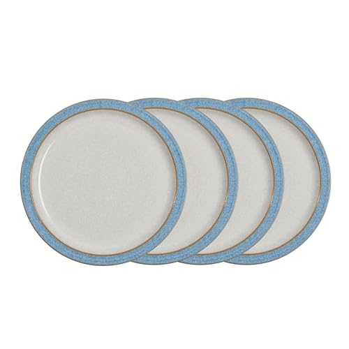 Denby - Elements Medium Blue Plates Set of 4 - Dishwasher Microwave Safe Crockery 22cm - Blue, White Ceramic Stoneware Tableware - Chip & Crack Resistant Lunch Plates