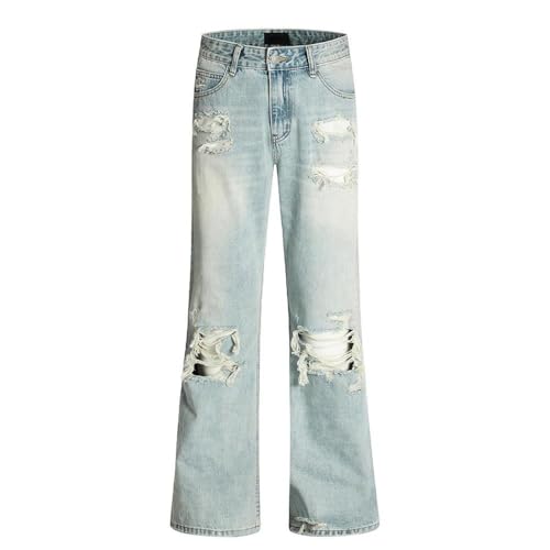 Men's Ripped Jeans with Rivets, Retro High Street, Washed Distressed Loose Wide Leg Denim Pants2