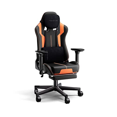 NOKAXUS Silla de juegos para computadora con reposapiés, soporte lumbar, silla de escritorio para el hogar, silla de oficina de masaje de cuero para adultos (YK-6009A-naranja)
