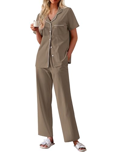 Image of Ekouaer Women's 100% Cotton Pajamas Set Short Sleeve Button Down Pjs 2 Piece Soft Sleepwear with Long Pants Lounge Set