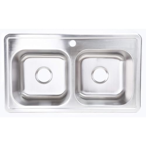 Zuhnë Fortuna 33 Drop In Kitchen Sink, Double Bowl 33 x 19 x 8 in, T304 18/10 Stainless Steel, Satin Finish, 22 Gauge, Single Hole Deck, Sound Dampening Pads, Fast Drain Base