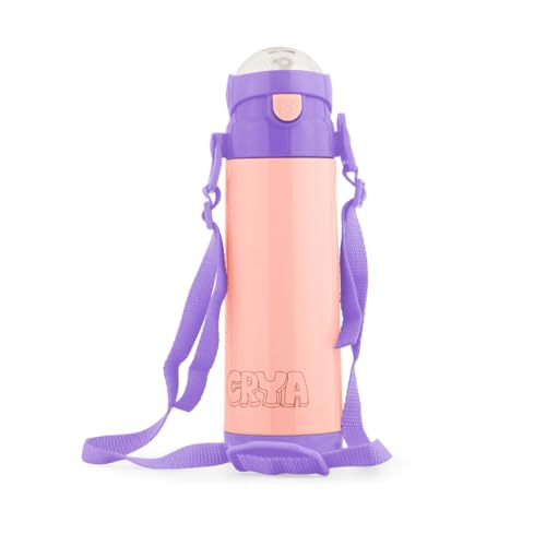 Image of CRYA Kidster Sipper 500ml Stainless Steel Water Bottle for Hot and Cold Beverages for Upto 24 Hours, BPA Free and Leakproof Thermosteel Double Walled Insulated Vacuum Thermos Flask (Blossom Pink)