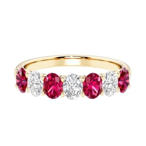 14k Solid White or Yellow Gold 1 Carat Alternating Oval Lab Grown Ruby and Diamond 7-Stone Ring Band for Women, July Birthstone, Wedding, Anniversary Ring, Sizes 4-10
