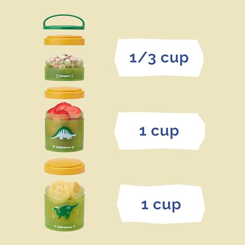 Image of Whiskware Dinosaur Stackable Snack Containers for Babies, Kids, and Toddlers, 3 Stackable Snack Cups for School or Travel, Cupholder Friendly, Blue /Yellow