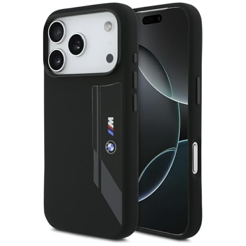 Coque silicone iPhone 17 Pro BMW M Logo vertical noir premium MagSafe