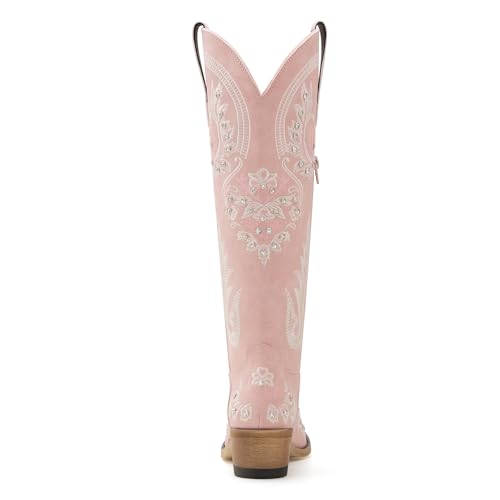 Image of vodvob Western Cowboy Boots for Women Rhinestone Knee High Cowgirl Snip Toe