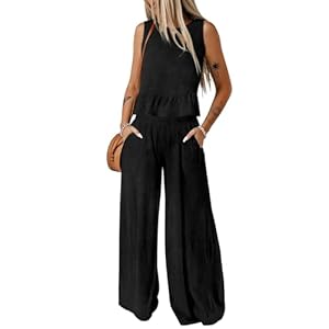 Dokotoo Pants Sets Women 2 Piece Outfits Sleeveless Round Neck Tank Tops Matching Sets for Women Elastic Waist Wide Leg