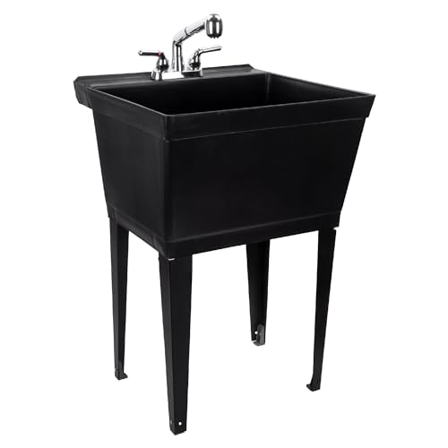 Black Utility Sink Laundry Tub With Pull Out Chrome Faucet, Sprayer Spout, Heavy Duty Slop Sinks For Washing Room, Basement, Garage or Shop, Large Free Standing Wash Station Tubs and Drainage