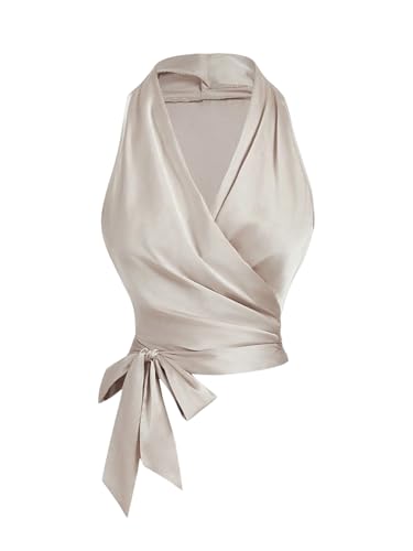 SHENHE Women's Satin Wrap Ruched Tie Side Tank Top Deep V Neck Sleeveless Elegant Blouse