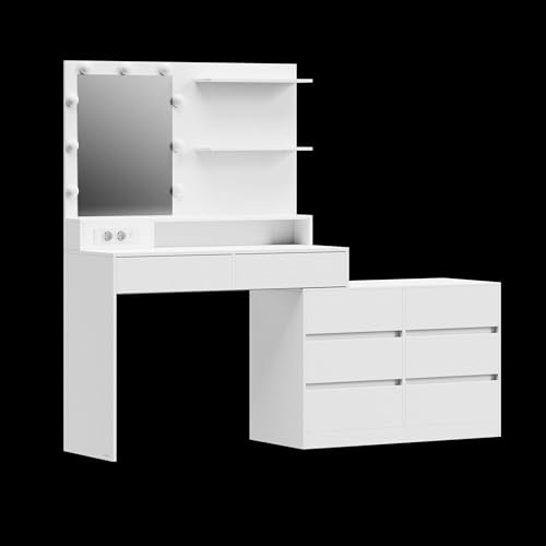 VASAGLE Kailyn Colección - Tocador con Espejo LED y Regleta, 9 Bombillas, 8 Cajones, 3 Estantes, Iluminación de 3 Colores, Modular en Línea o en L, Mesa de Maquillaje, Blanco Nube RDT140WB01
