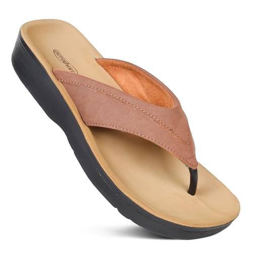AEROTHOTIC Arch Support Flip Flops for Women Comfortable Cushioned Memory Foam Lined Footbed Outdoor Indoor Dressy Beach Walking Thong Soft Padded Strappy Sandals