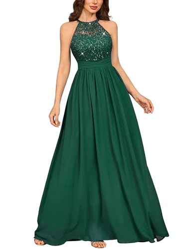 Miusol Women's Sequin Lace Sleeveless Halter Tie Formal Evening Maxi Dress (X-Large, Dark Green)