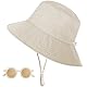 Sonnenhut Baby, UV Schutz UPF 50+ Breiter Krempe Fischerhut Kinder mit Sonnenbrille, Nackenschutz Bucket Hat mit Verstellbarem Kinnriemen, Strandhut für Mädchen, Junge - Beige, 6-24 Monate