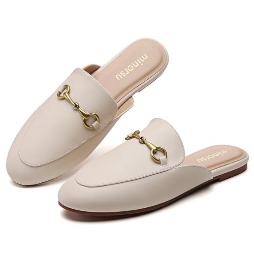 Image of Minorsu Buckle Mules for Women Flats Loafers Shoes for Work Office Business | Slip on,Round Toe,Backless,Slides, Casual