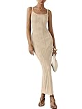 MASCOMODA Women 2025 Summer Sexy Bodycon Maxi Dress Spaghetti Strap Knit Fitted Tight Sleeveless Party Slip Long Dresses(Apricot,Medium)