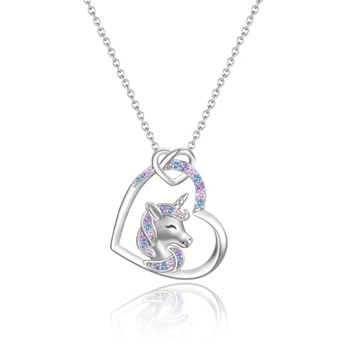 Image of JOPLY Silver Necklace for Girls - Silver Necklace Unicorn Gifts for Girls Daughter from Mum | Hypoallergenic Cubic Zirconia Heart Necklace for Granddaughter Niece Gift Birthday Christmas
