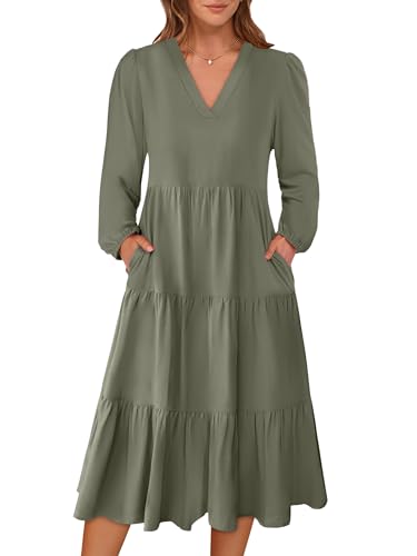 Image of ANRABESS Women's Long Lantern Sleeve Floral Midi Dresses 2026 Fall V Neck Casual Flowy A-line Tiered Boho Vacation Dress