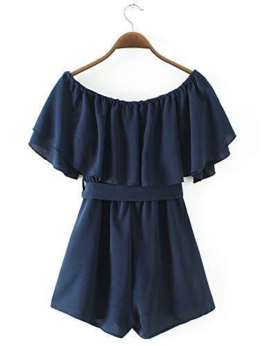 Relipop Women's Solid Jumpsuit Off Shoulder Shrot Sleeve Wasit Tie Short Casual Rompers #TOP4
