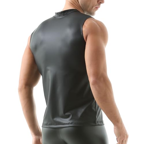 QiaTi Men's Faux Leather Vest Undershirt Sleeveless Tank Top Zipper Stand Collar Shirt Muscle Waistcoats Fit Athletic2