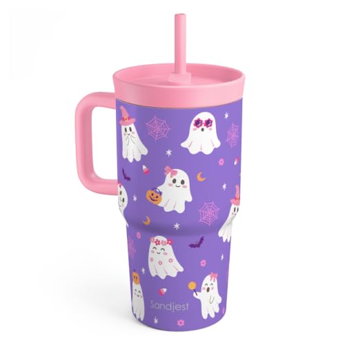 SANDJEST Boo Stainless Steel Tumbler 20 Ounces with Handle and Silicone Straw Locking Lid (Purple)