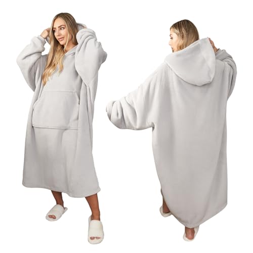 Sienna Extra Long Oversized Blanket Hoodie Wearable Throw with Pockets Sleeves Soft Sherpa Fleece Wearable Throw Giant Sweatshirt Silver Grey