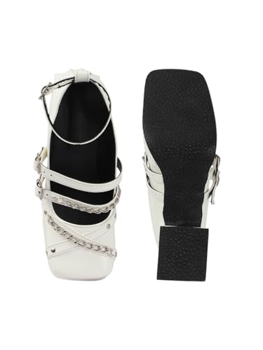 Image of TRYME Women's Ankle Buckle Strap Mary Jane with Chain Chunky Block Heel Sandals
