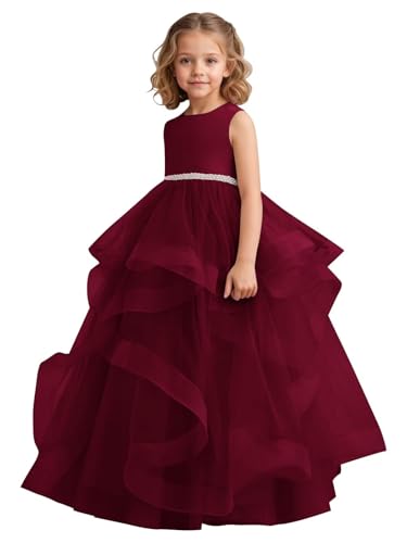 Tiered Tulle Flower Girl Dress for Wedding Kids Long Satin Princess Pageant Birthday Party Bowknot Prom Ball Gowns