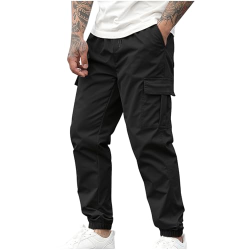 Pantalones Hombre múltiples bolsillos Pantalones carga piernas pequeñas cordón sólido Cintura elástica Confort