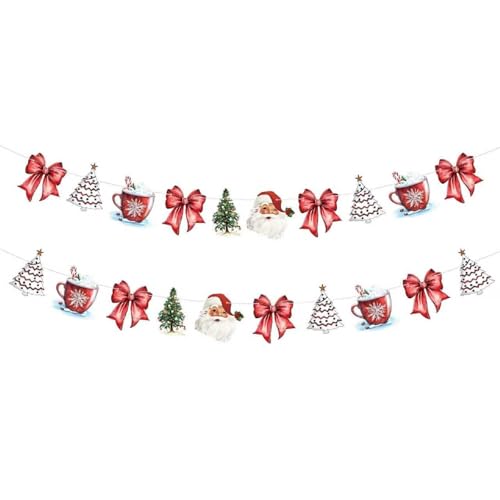 Image of Oudain 2 Pack Christmas Paper Garland Red White Decoration 6.56 ft Hot Cocoa Red Bow Santa Claus Christmas Trees Red Bow Hanging Bunting Banner Flags for Xmas Party Mantel Fireplace Decorations
