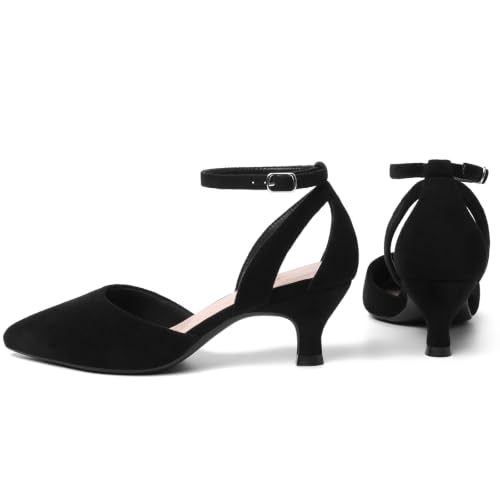 Image of RIBONGZ Comfortable Kitten Heels for Women Pointed Closed Toe Ankle Strap Buckle Heels Slip on Low Heel Church Pumps Wedding Bridal Party Dressy Shoes