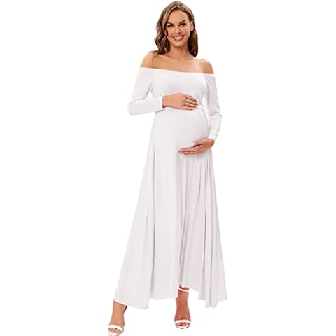ZIUMUDY Maternity Off Shoulder Long Dress for Photoshoot Baby Shower Casual Long Sleeve Pregnancy Dress, White, M Cover